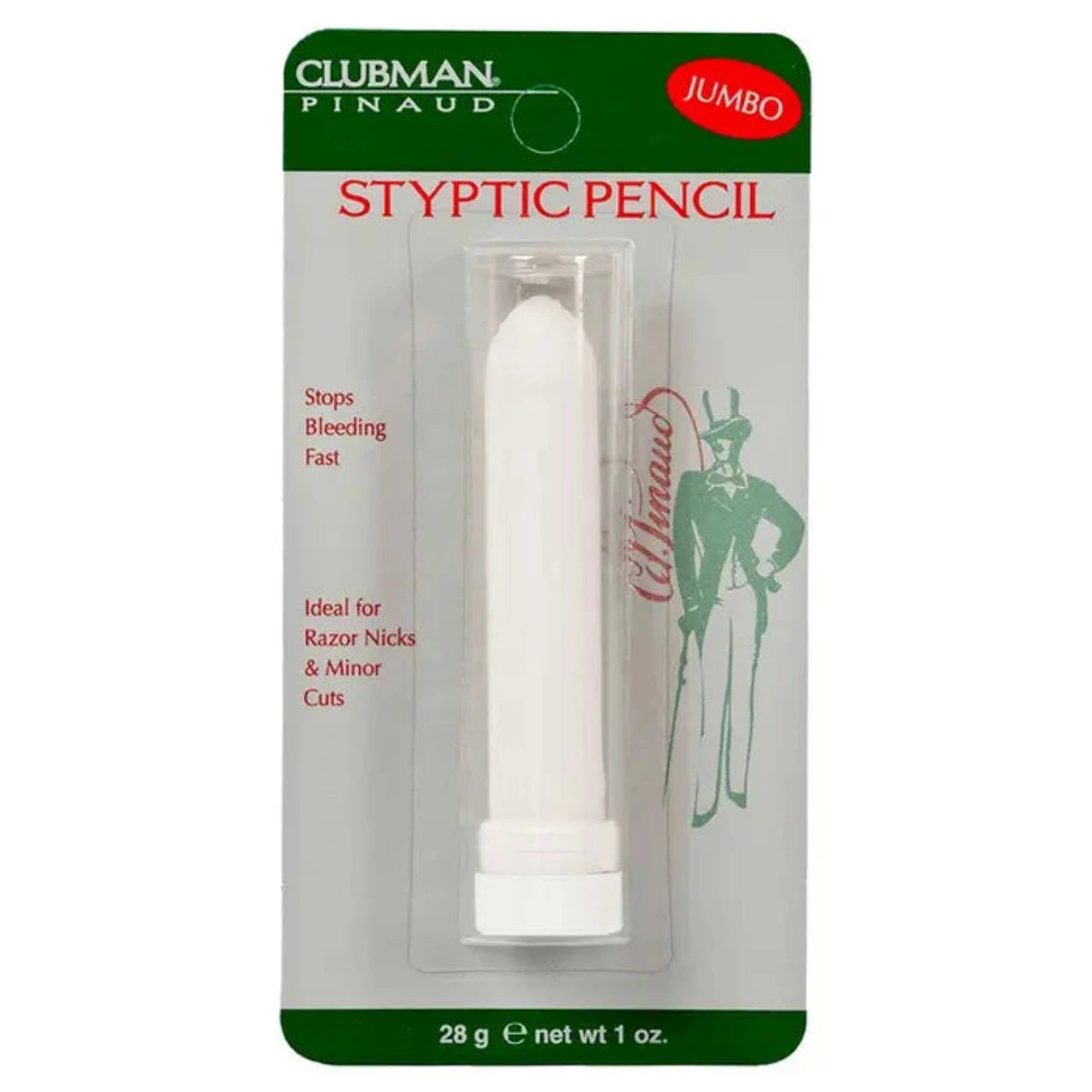 Clubman Styptic Pencil Jumbo packaged in a green and white card with a clear plastic tube displaying the white pencil inside.