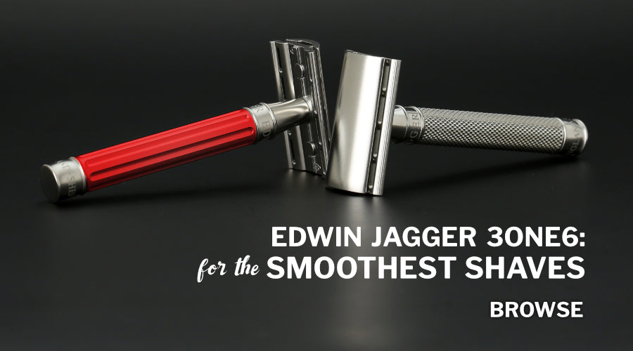 Two safety  razors viewed from the side facing each other head to head One has a red handle with pronounced ribs, the other has a knurled stainless steel handle. Text says Edwin Jagger 3ONE6: for the smoothest shaves