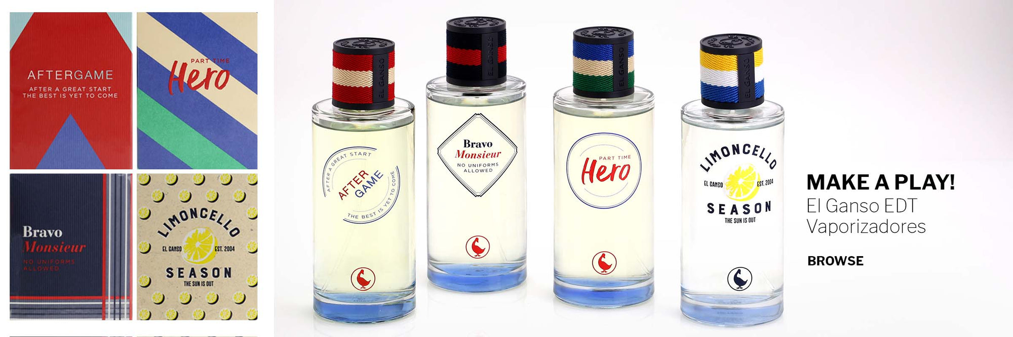 Make a Play! El Ganso Vaporizadores. Picture of scent bottles and square insets of the graphic packaging prints