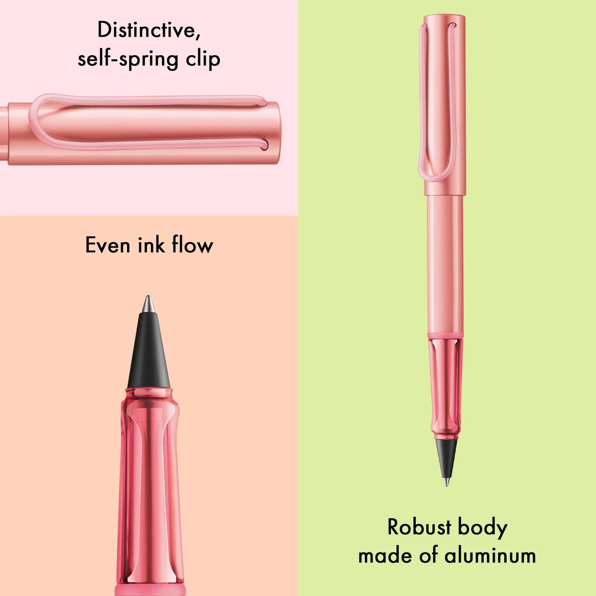 Pink pen with features highlighted on a pink and green background