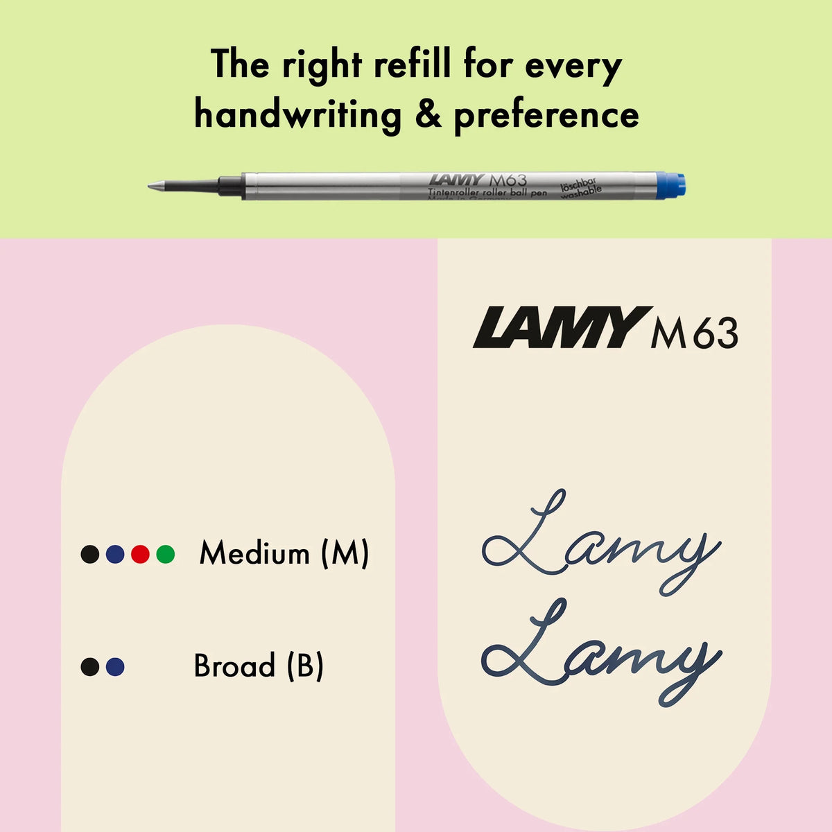 Lamy M63 pen refill with a pen on a green and pink background