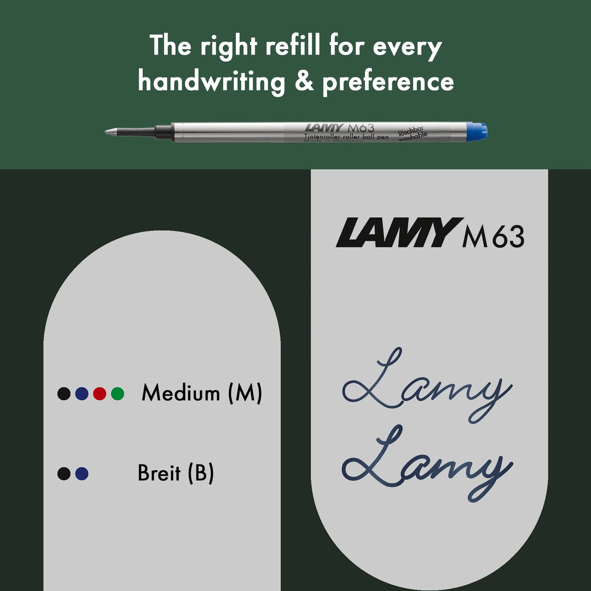 Lamy M63 pen refill with a pen and branding on a green background