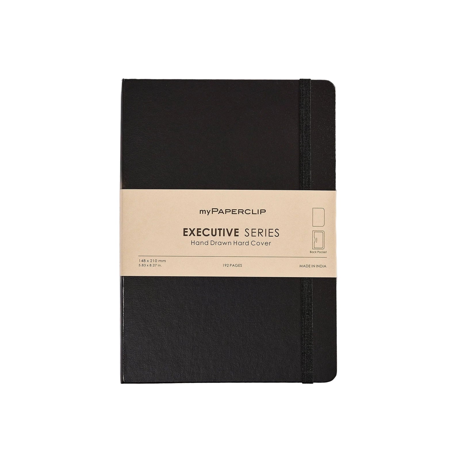 Black notebook with a beige label on a light gray background
