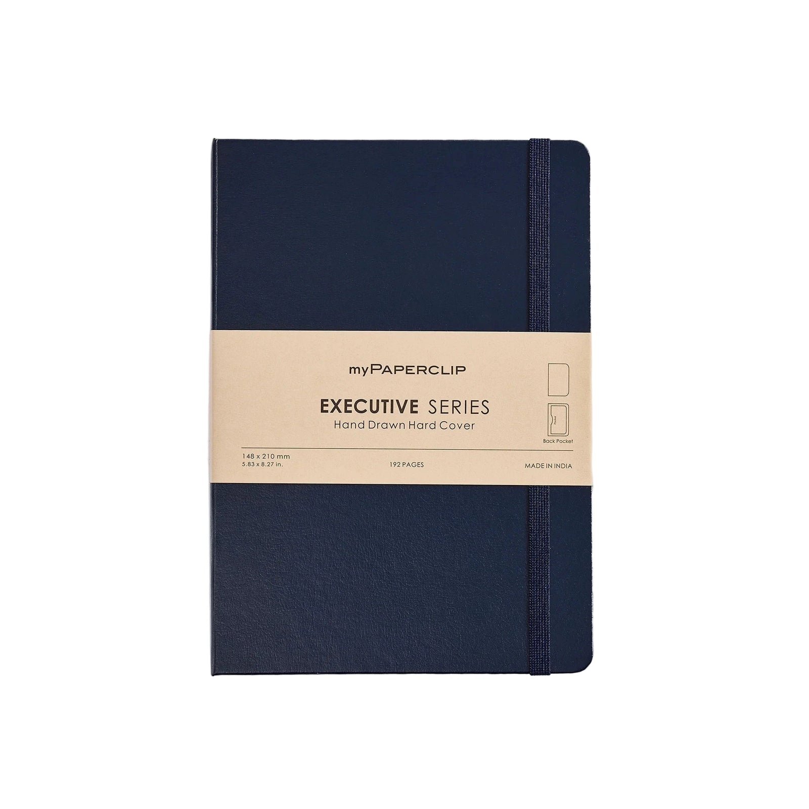 Black notebook with a beige label on a light gray background