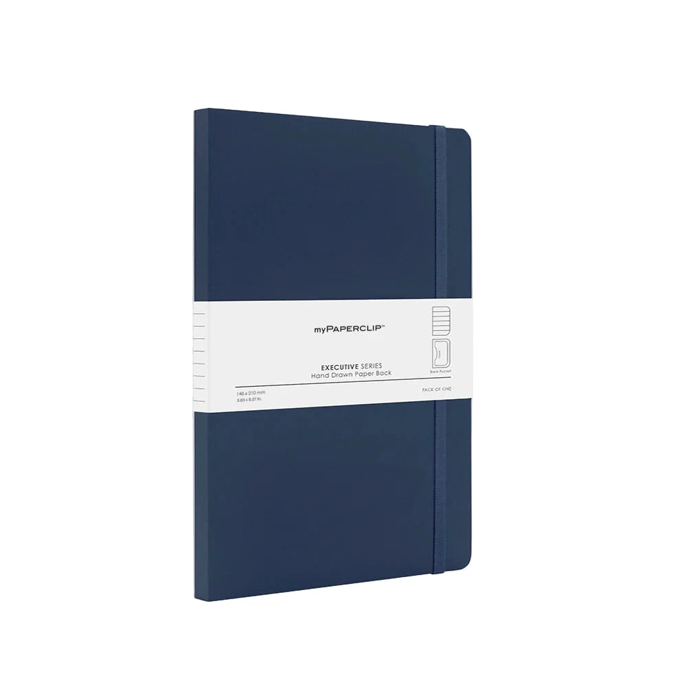 Blue notebook with a white label on a light gray background