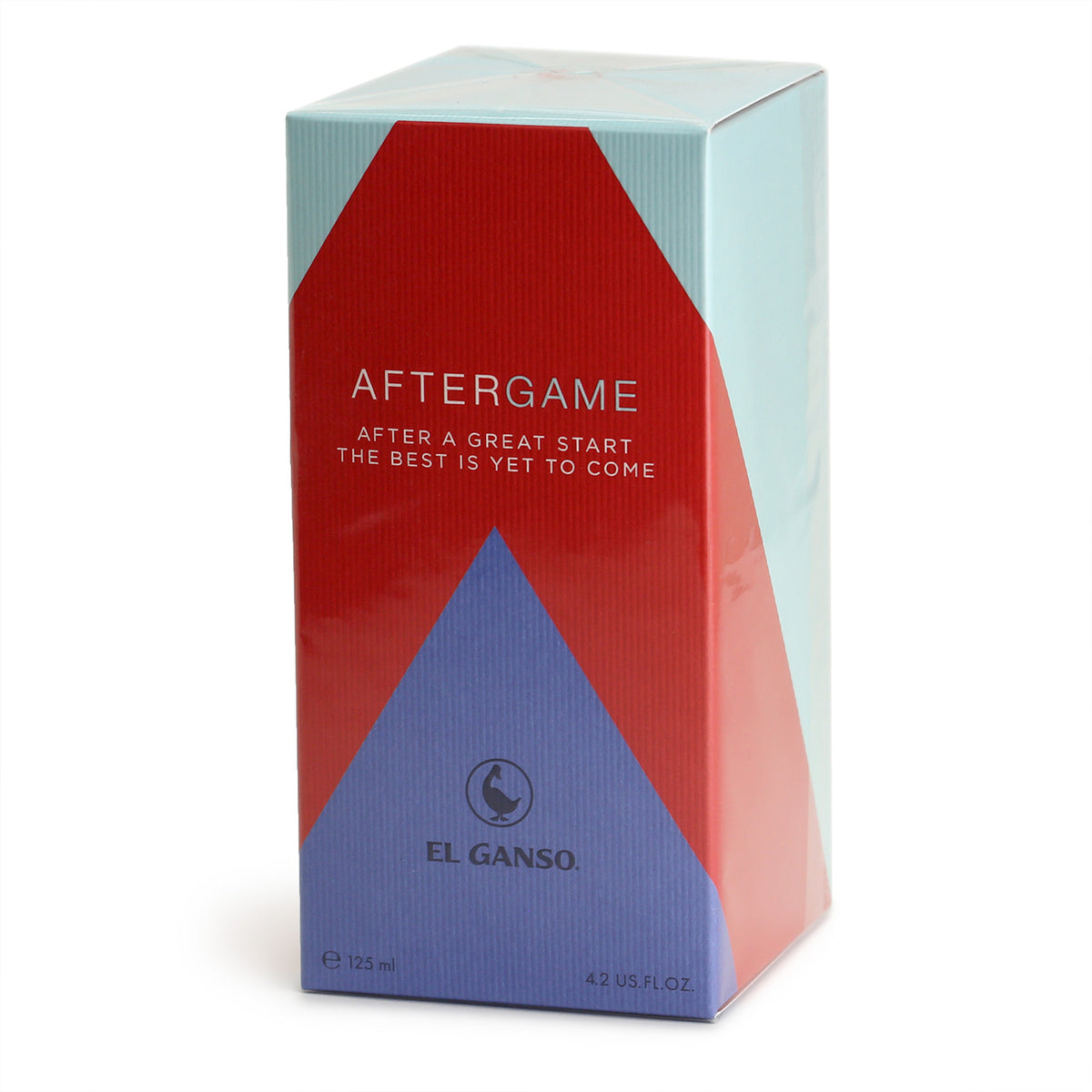 Aftergame packaging is a read and two-tome blue box with light blue and white taxt and an upward-arrow graphic