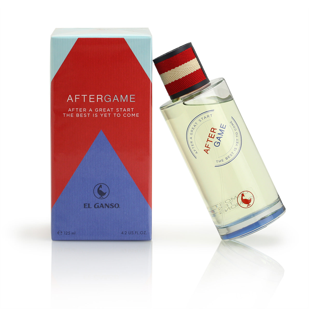 El Ganso After Game EDT bottle, leaning agiainst its graphic box
