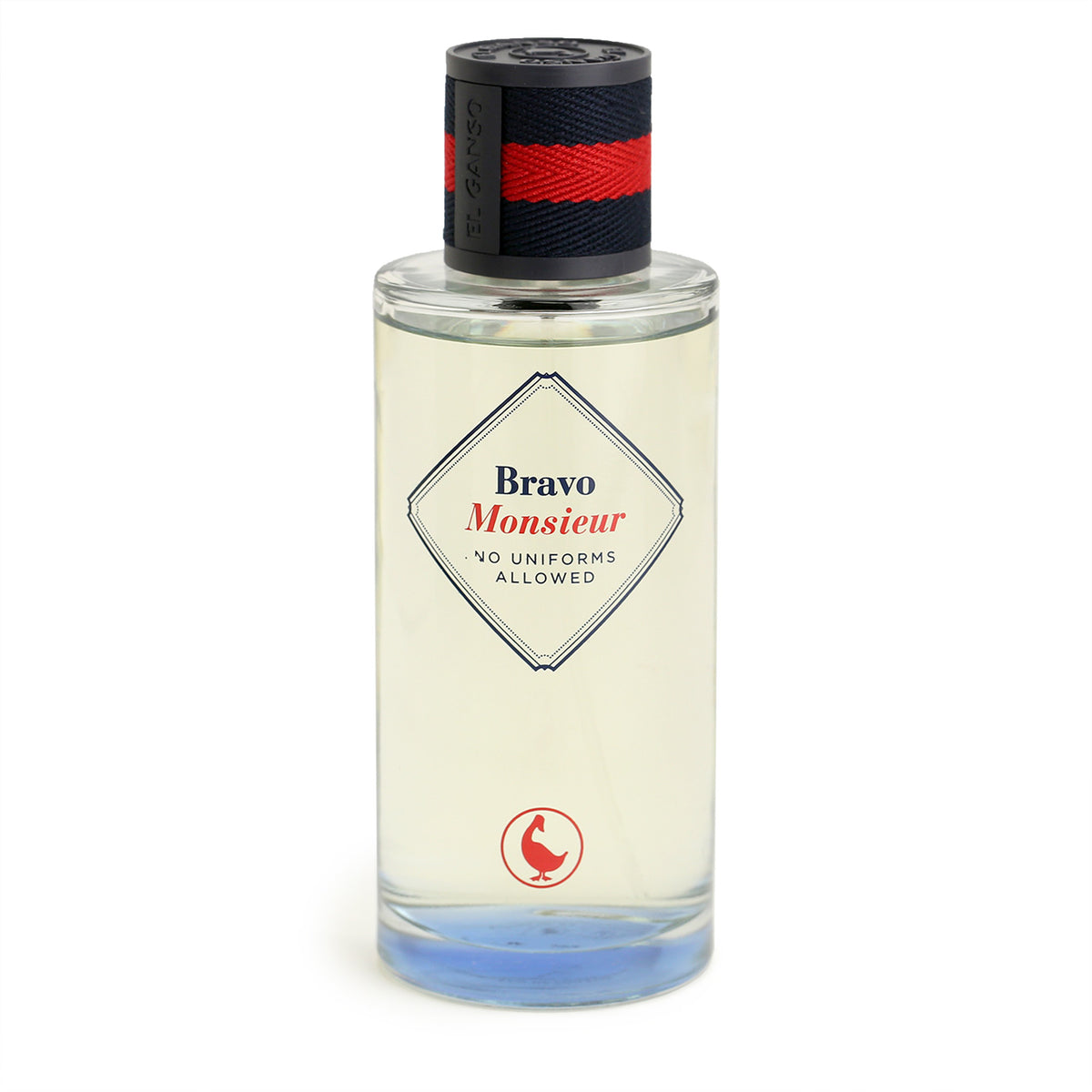 El Ganso Bravo Monsieur EDT bottle with red and black wrapped cap.
