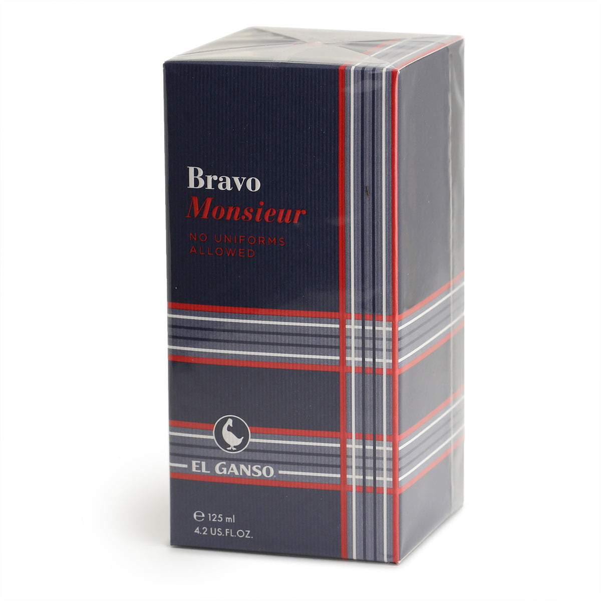 Bravo Monsieur Packaging with a large graphic check pattern of navy, blue-grey, red and white.