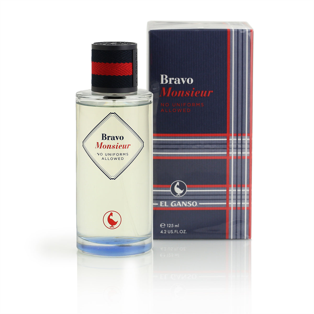 Bravo Monsieu EDT bottle with it&#39;s check-patterned packaging