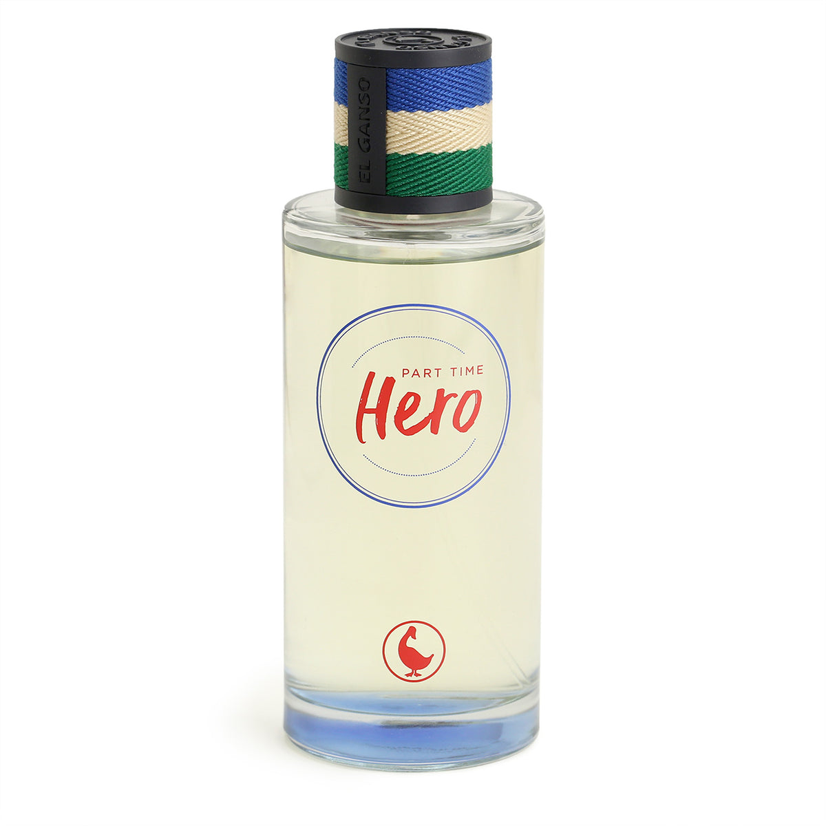El Ganso Part Time Hero EDT bottle with blue, natural and green fabric wrapped cap.