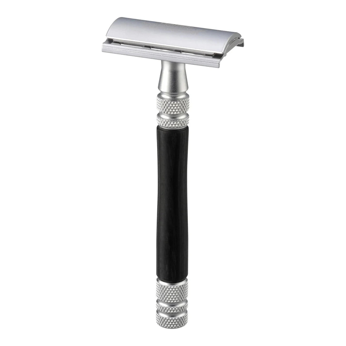 Shaving razor with black handle and silver metal components on a white background