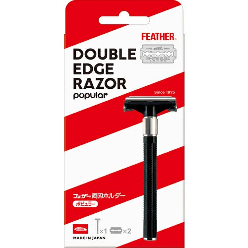 Feather double edge razor packaging with red and white design