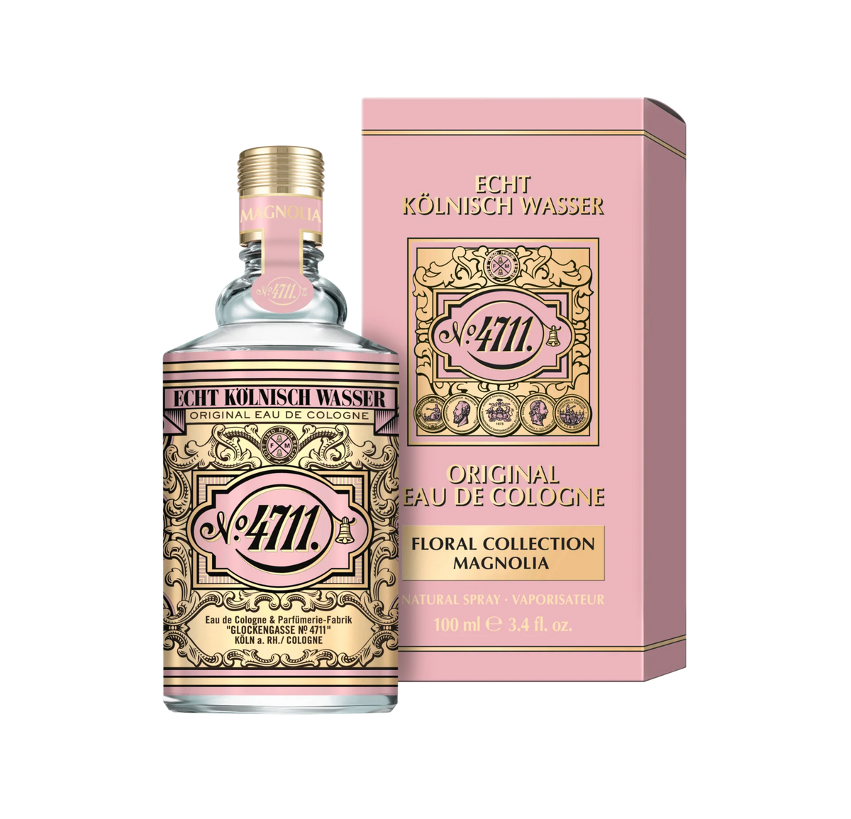 Perfume bottle and packaging of No. 4711 Floral Collection Magnolia on a white background