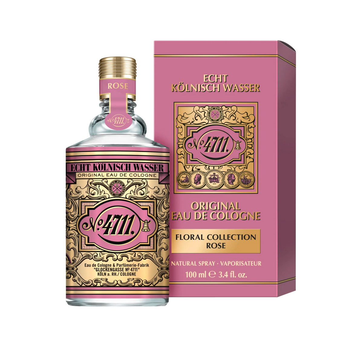 Perfume bottle and packaging of Echt Kölnisch Wasser No. 4711 Floral Collection Rose on a white background