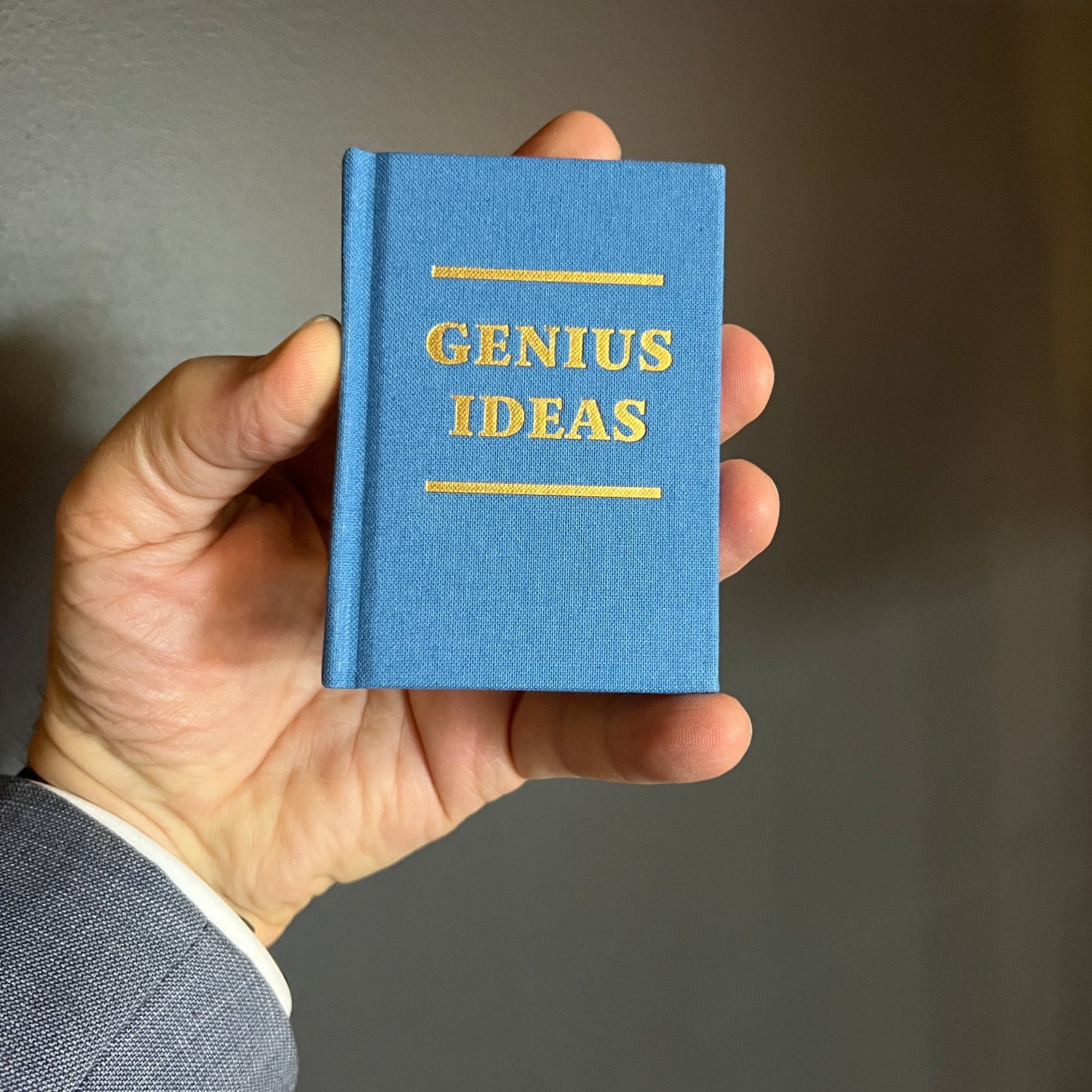 Blue notebook with 'GENIUS IDEAS' text on a gray background