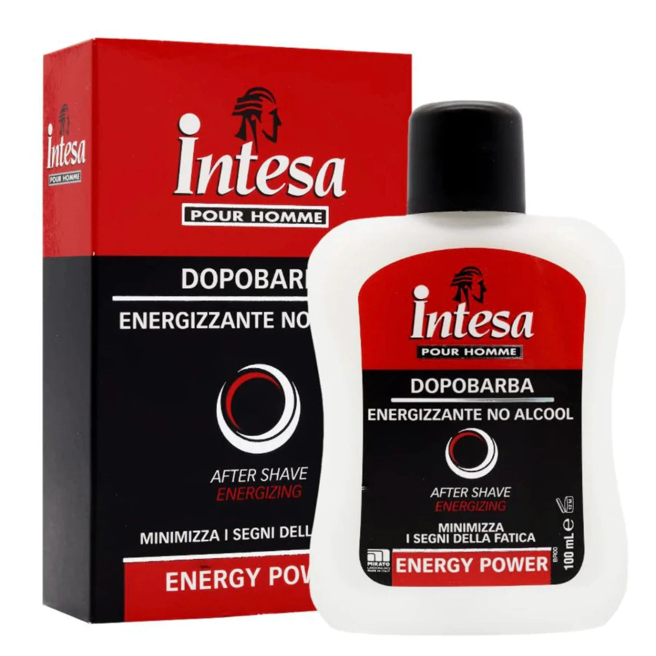 A bottle of Intensa After Shave Lotion Energising, with its packaging box. The product is marketed as a energizing aftershave balm, 100ml in size, with a white and red label and a black cap.