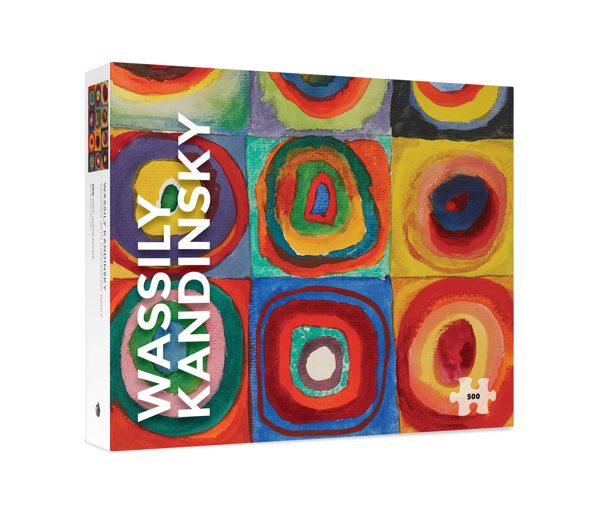 Jigsaw puzzle box with colorful abstract design and 'Wassily Kandinsky' text on a white background