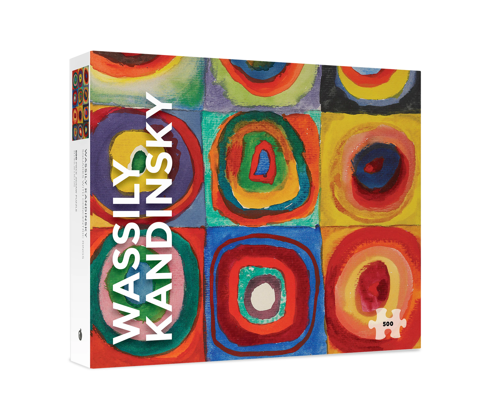 Jigsaw puzzle box with colorful abstract design and 'Wassily Kandinsky' text on a white background