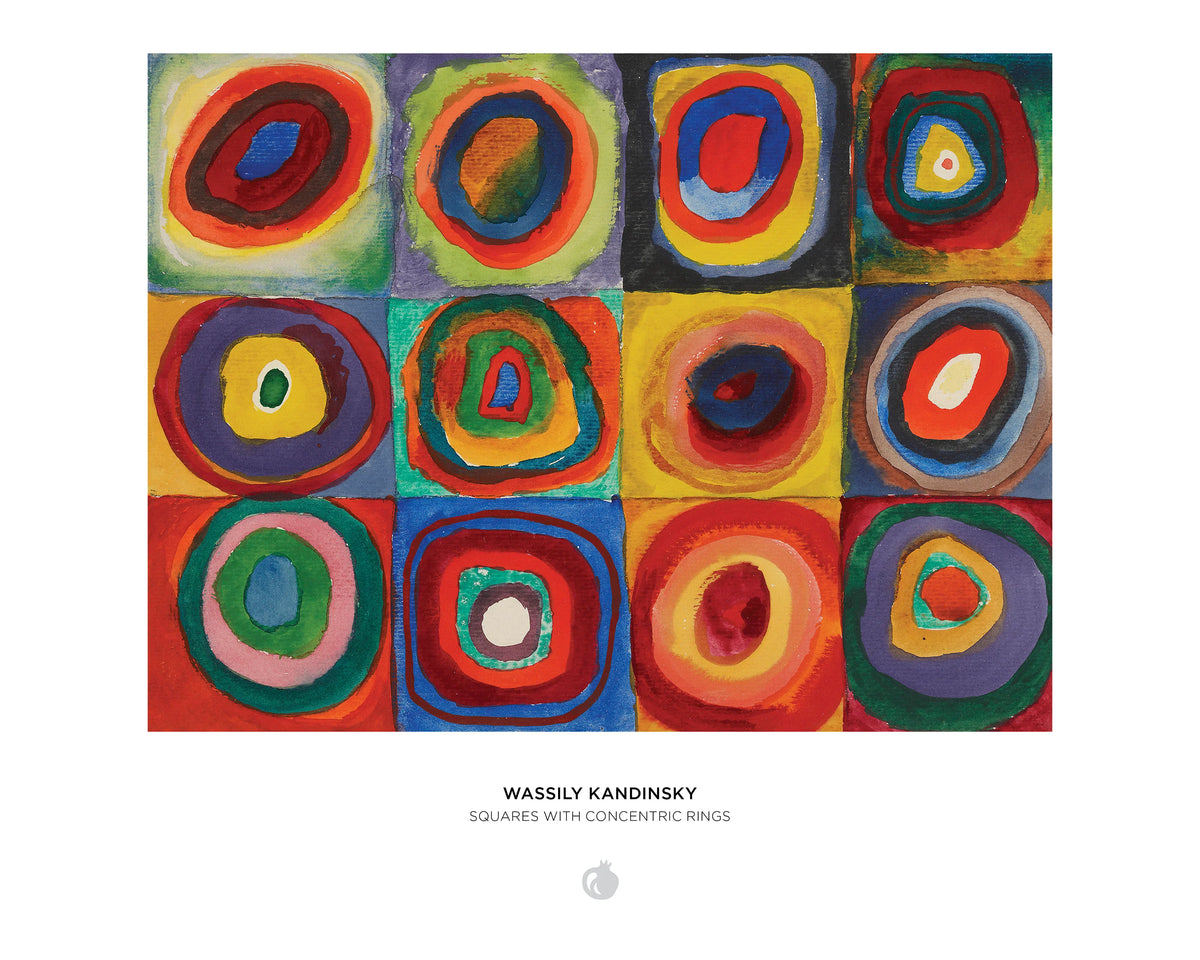 Colorful abstract artwork by Wassily Kandinsky with concentric circles in a grid pattern.