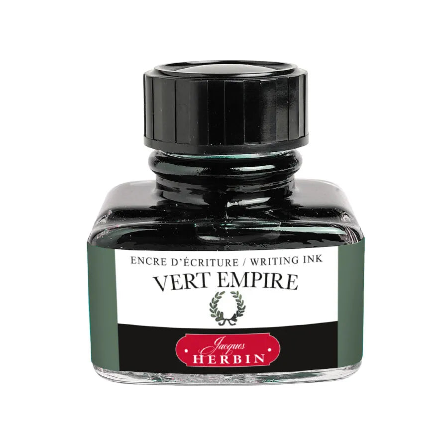 Bottle of Jacques Herbin Vert Empire writing ink on a white background