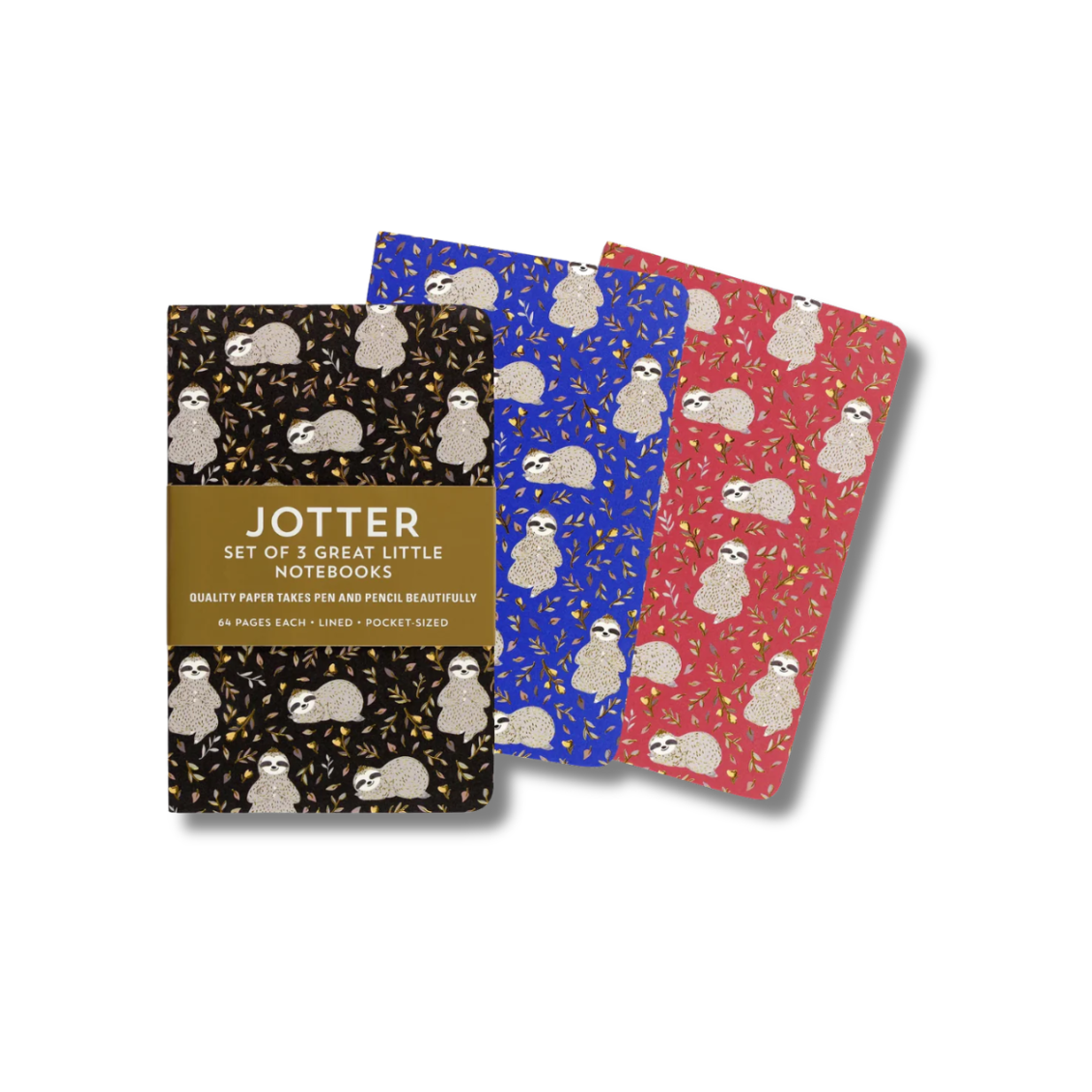 Set of three notebooks with sloth patterns on a white background