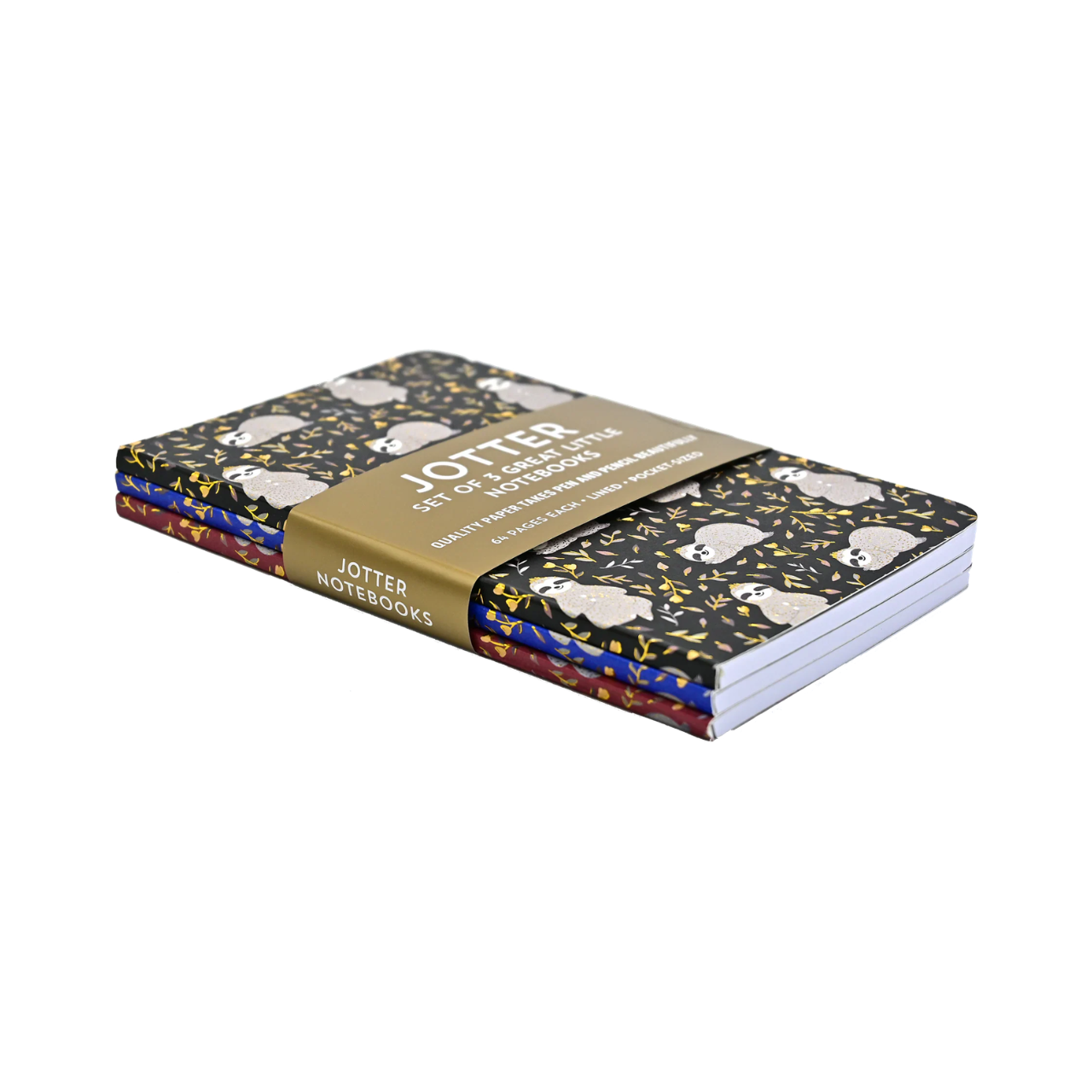 Set of three notebooks with sloth patterns on a white background