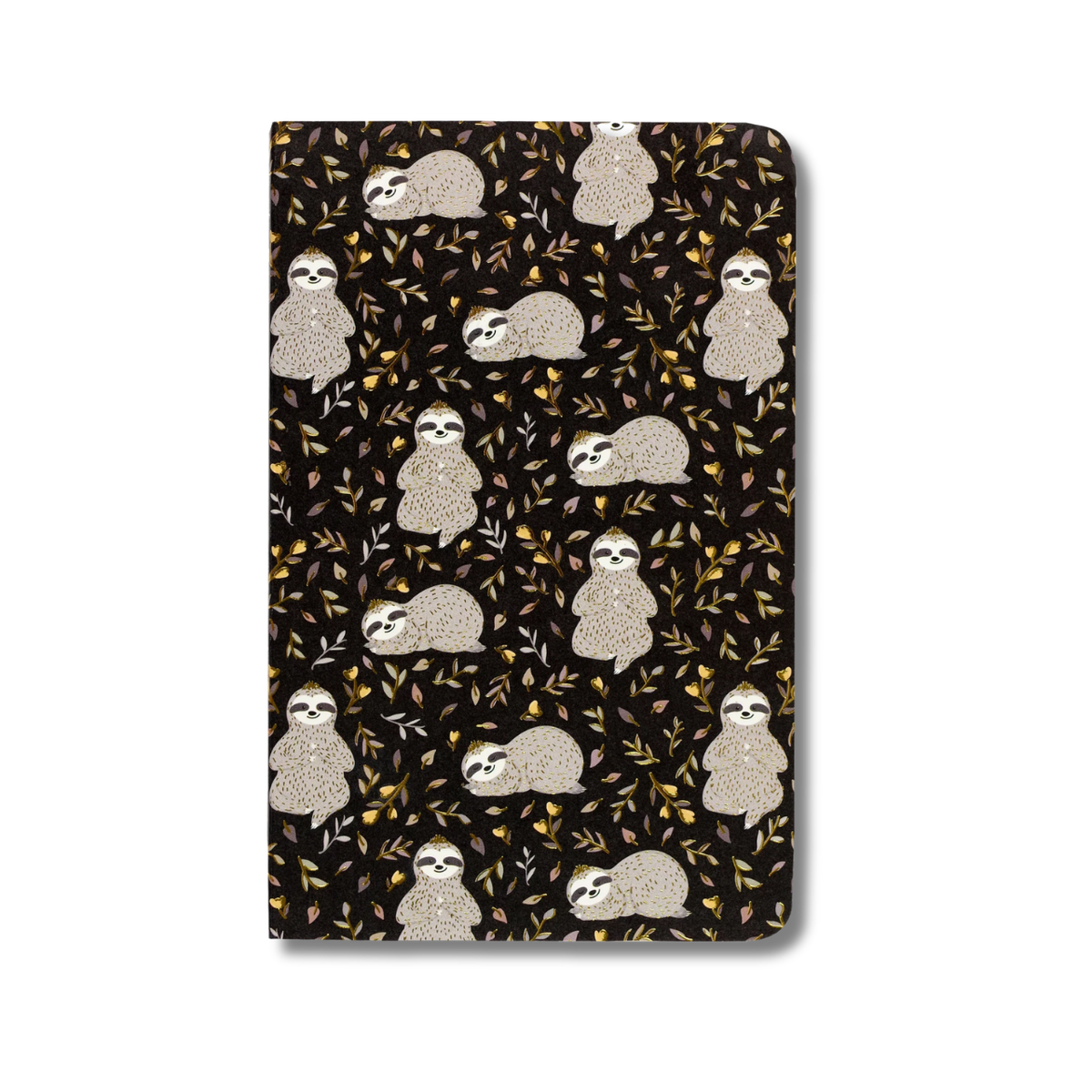 Notebook with sloth pattern on a black background