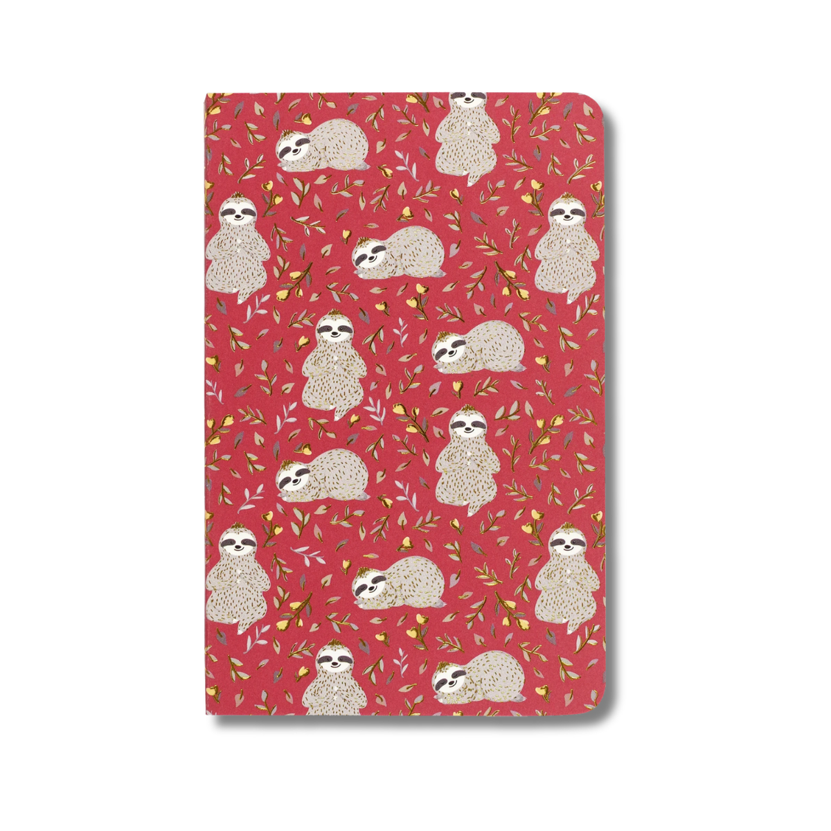 Notebook with sloth pattern on a red background