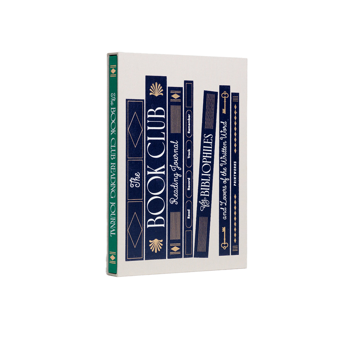 Book Club reading journal with decorative spine designs on a white background