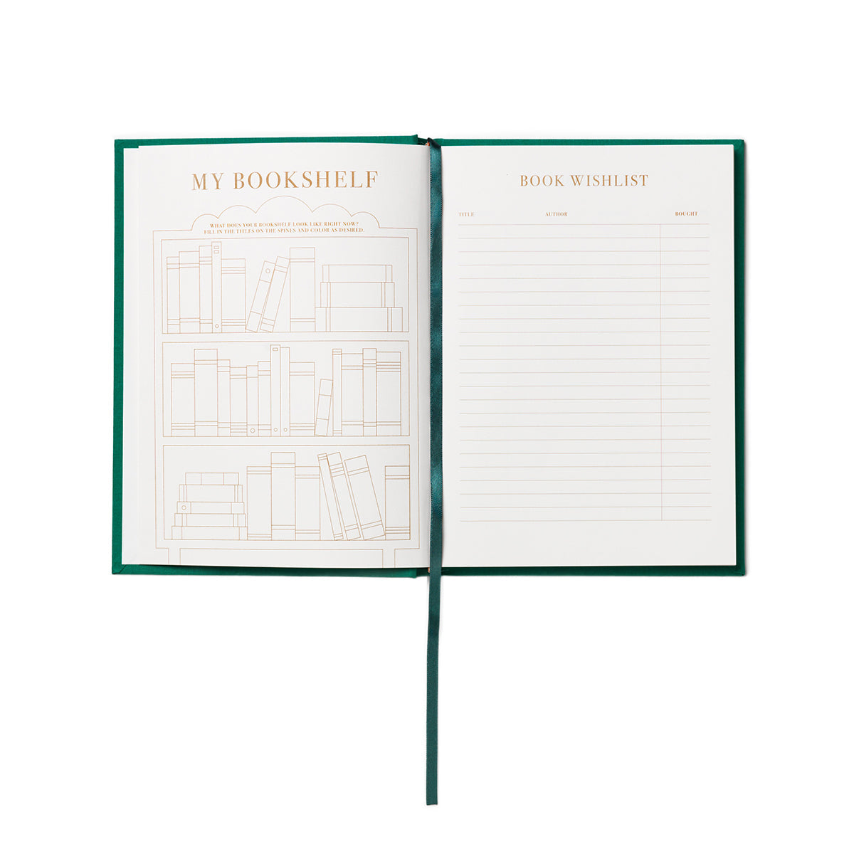 Open notebook with 'My Bookshelf' and 'Book Wishlist' sections on a white background