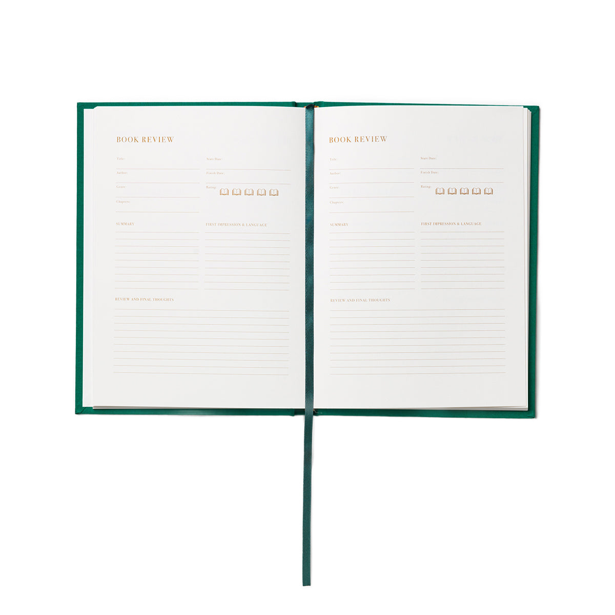 Open notebook with green binding on a white background