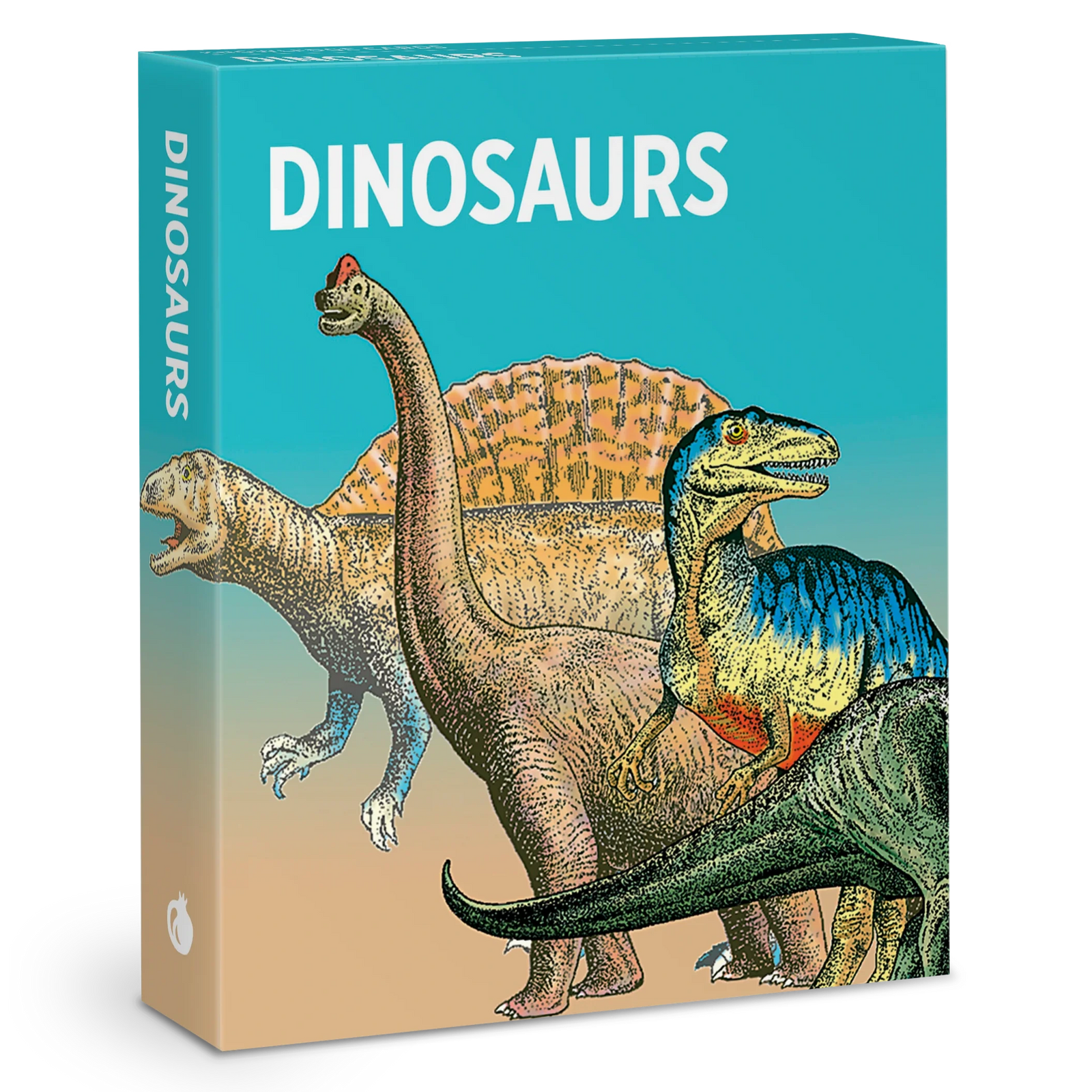 Book cover with illustrations of dinosaurs and the word 'Dinosaurs' on a blue and beige gradient background.
