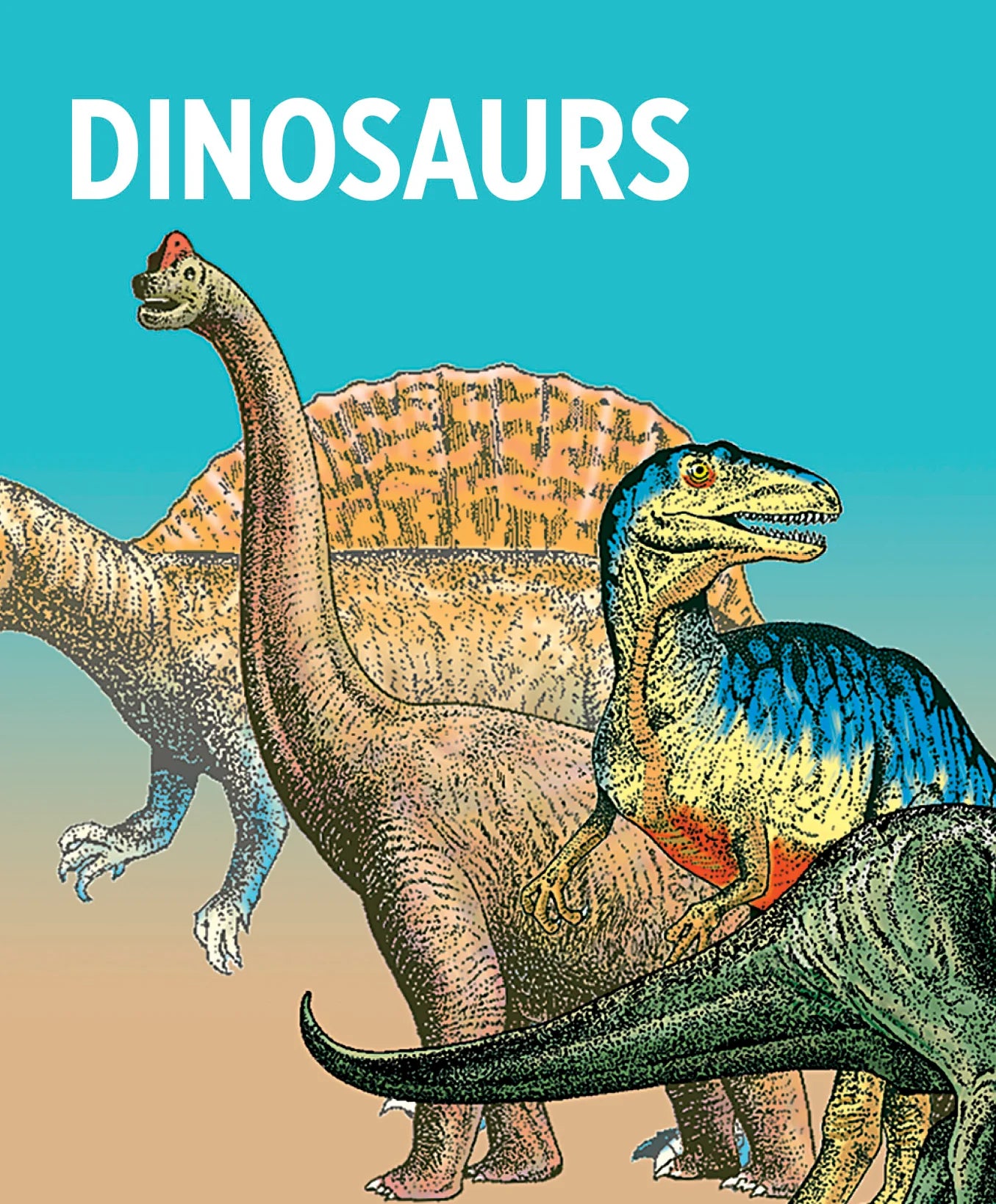 Book cover with illustrations of dinosaurs and the word 'Dinosaurs' on a blue and beige gradient background.