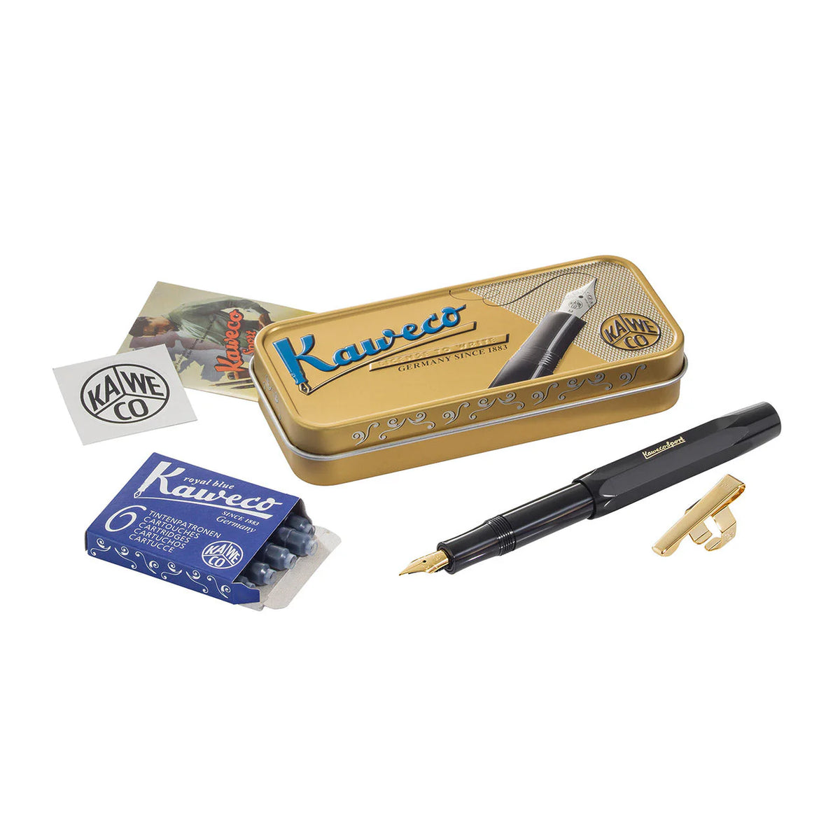 Kaweco Black Pen set with a box of royal Blue ink cartridges, a gold pen clip and Kaweco stickers in a gold tin box