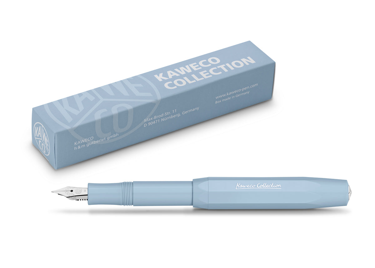 Side view of the pen with the matching blue box 