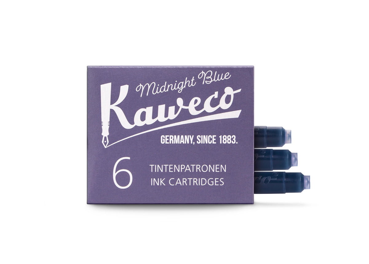 Pack of 6 Midnight Blue Kaweco ink with 3 of the cartridges visible at the end of the box