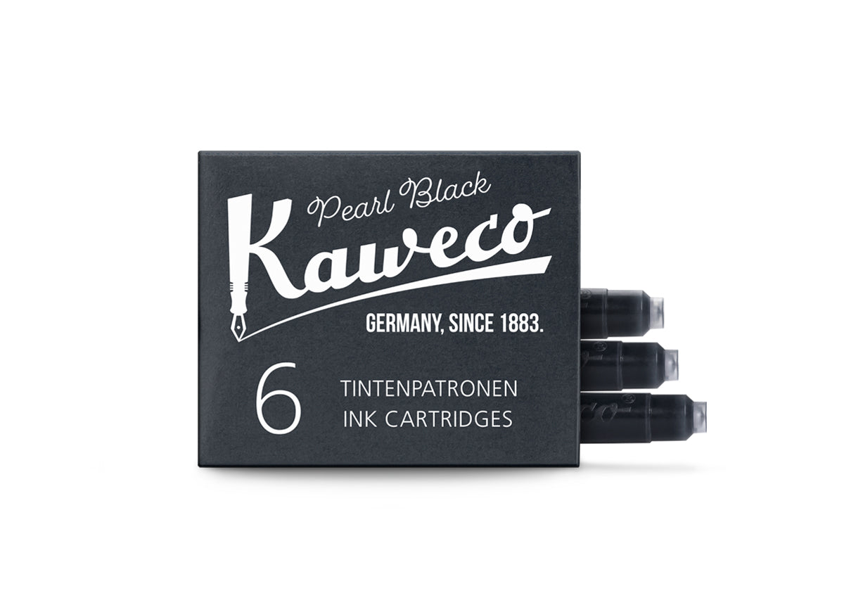 Pack of 6 Pearl Black Kaweco ink with 3 of the cartridges visible at the end of the box