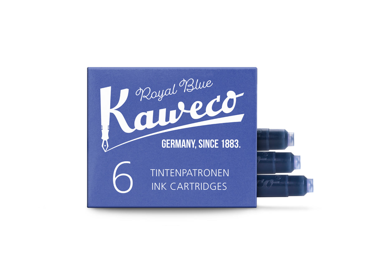 Pack of 6 Royal Blue Kaweco ink with 3 of the cartridges visible at the end of the box