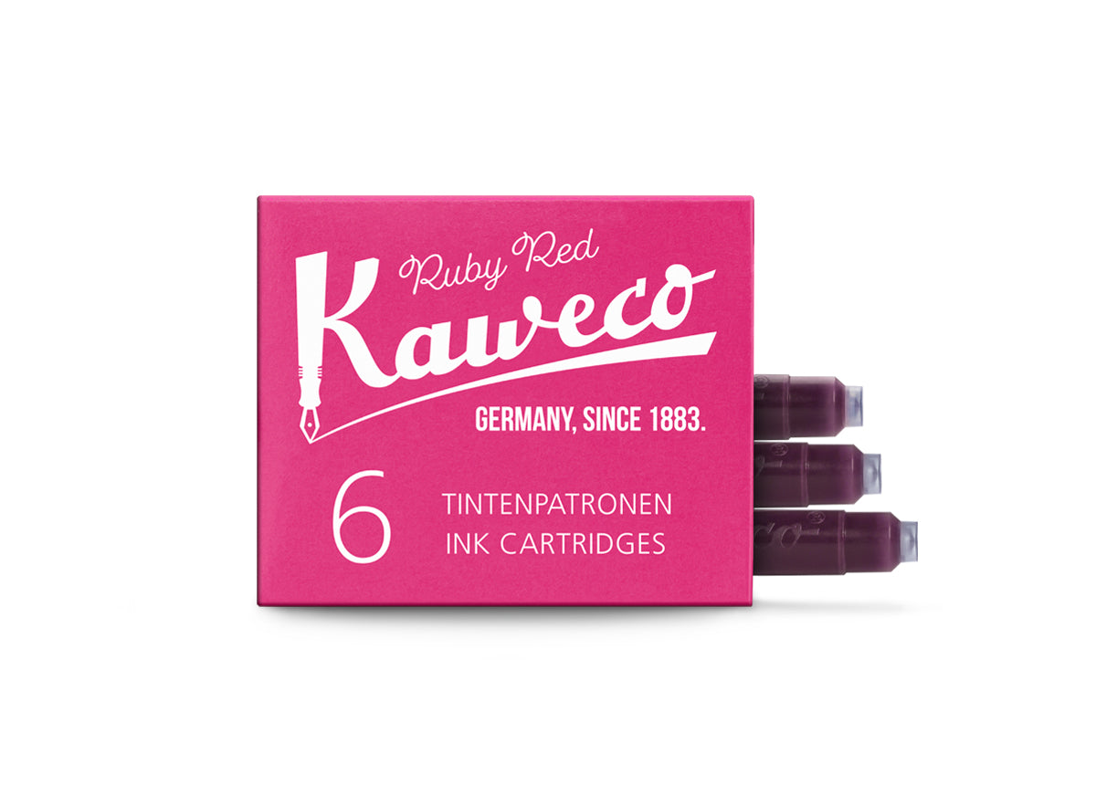 Pack of 6 Ruby Red Kaweco ink with 3 of the cartridges visible at the end of the box