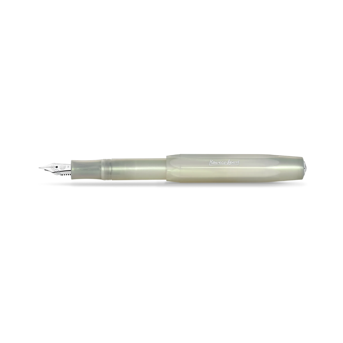 A translucent pale green fountain pen with a silver nib, shown horizontally against a solid white background.