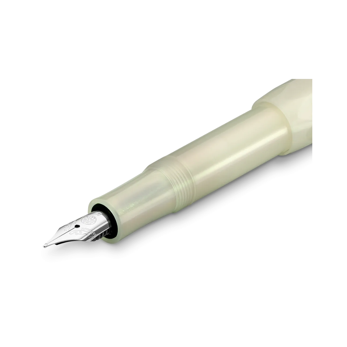 A translucent pale green fountain pen with a silver nib, shown horizontally against a solid white background.