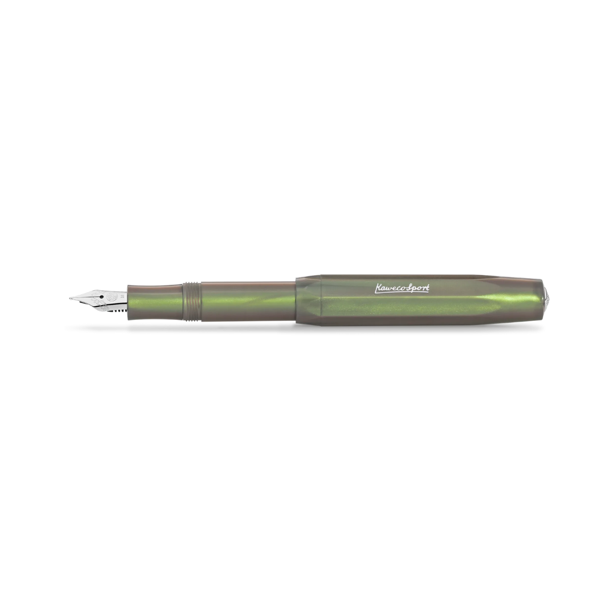 A metallic iridescent fountain pen with a green and gold reflective finish, featuring a silver nib and white 'Lamy' branding on the barrel, set against a plain white background.