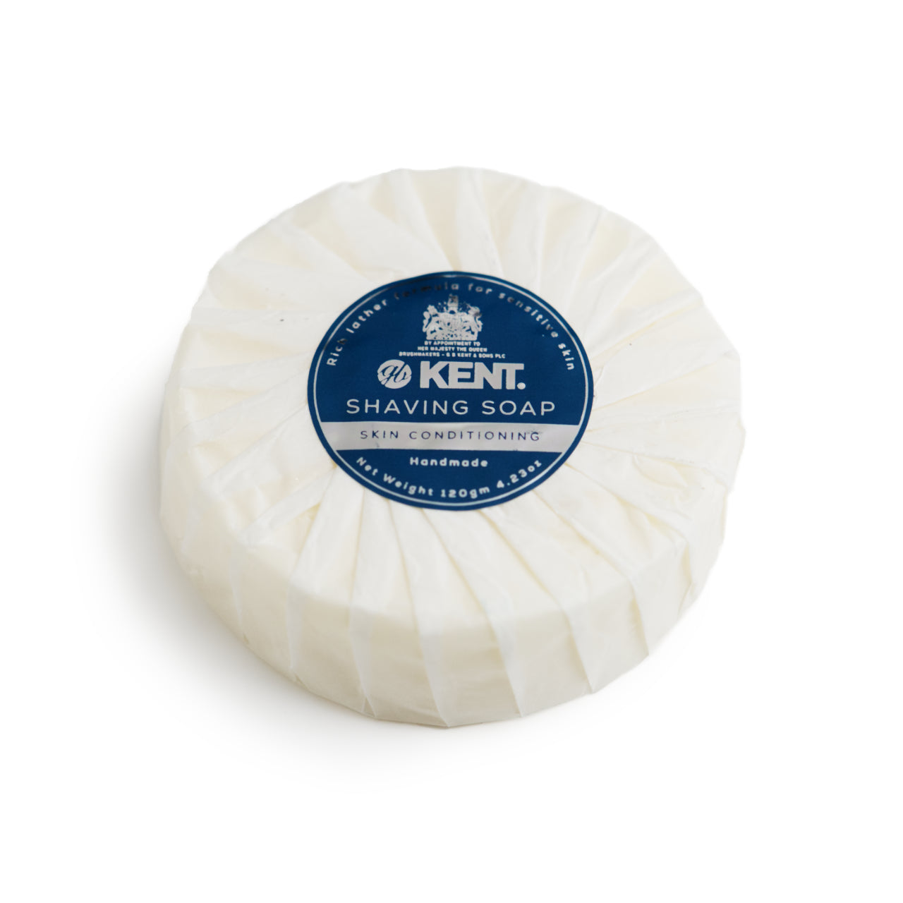 Kent Shaving Soap Puck in paper wrapping with blue metallic label