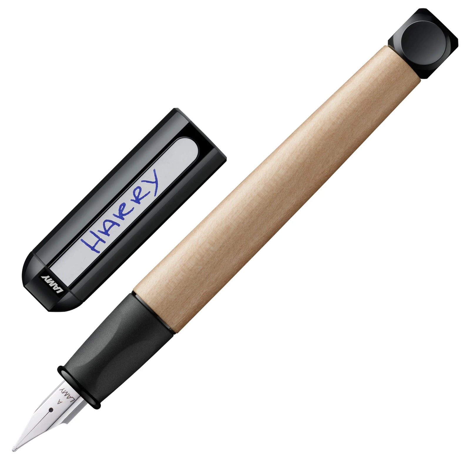 Fountain pen with wooden barrel and black accents on a white background