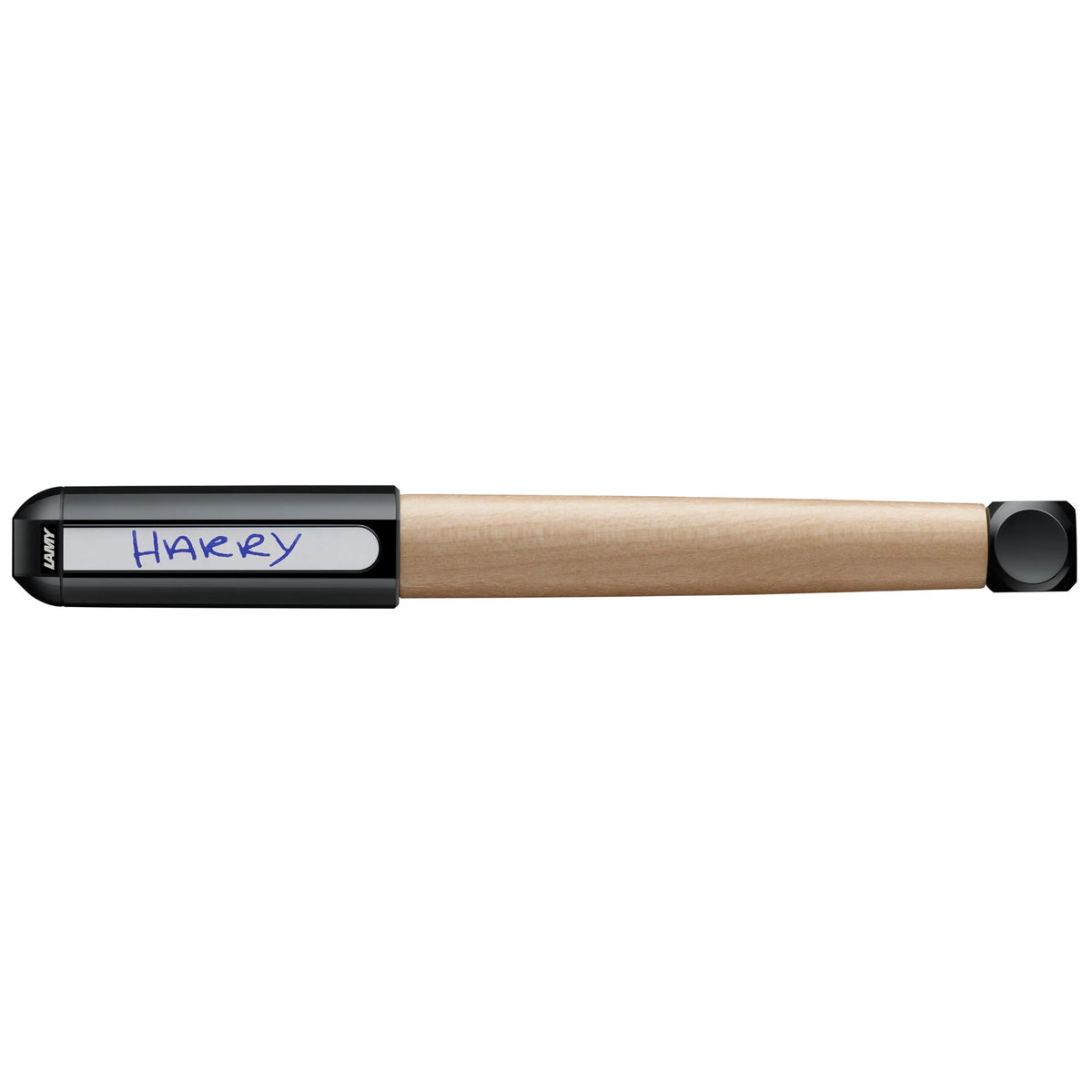 Pen with a wooden grip and black accents on a white background