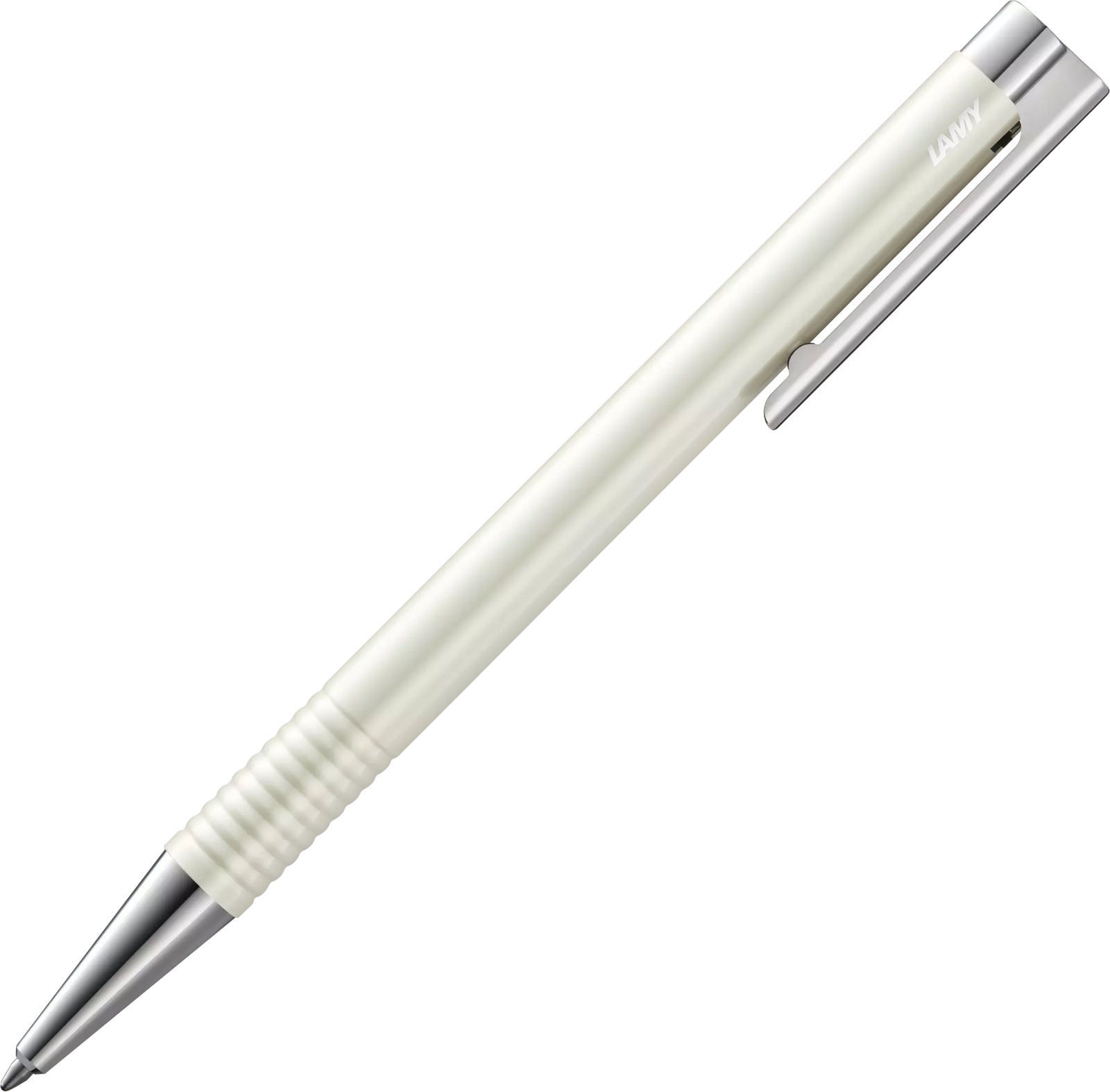 White pen with silver accents on a white background