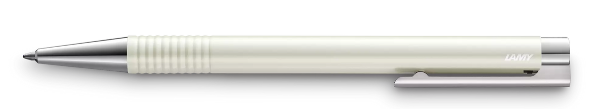 White pen with silver accents on a white background