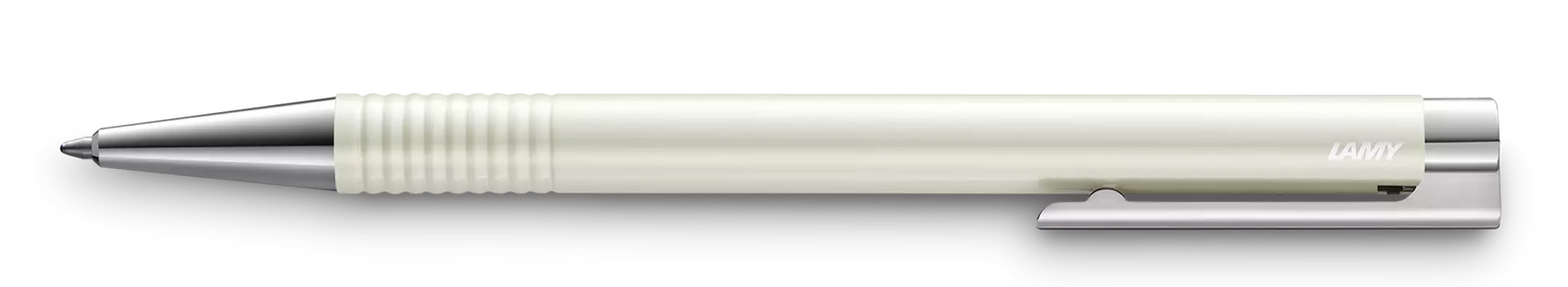 White pen with silver accents on a white background