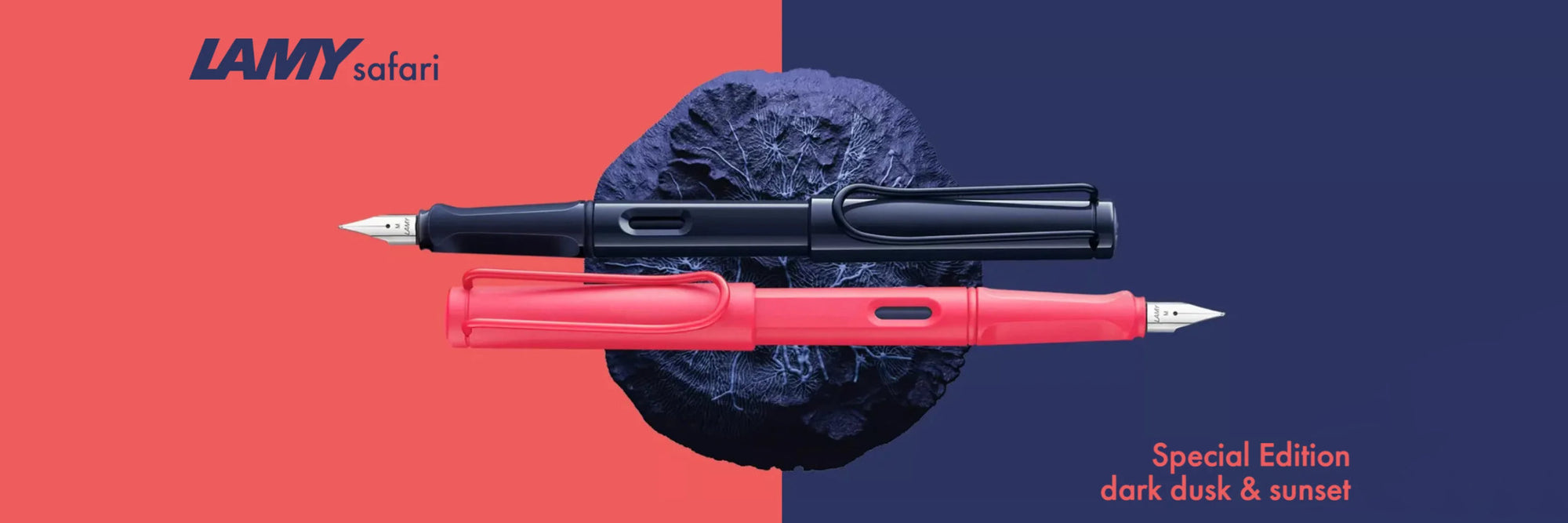 Lamy Special Edition Dark Dusk and Sunset Coral Fountain pens on bright backgrounds to match their body colour